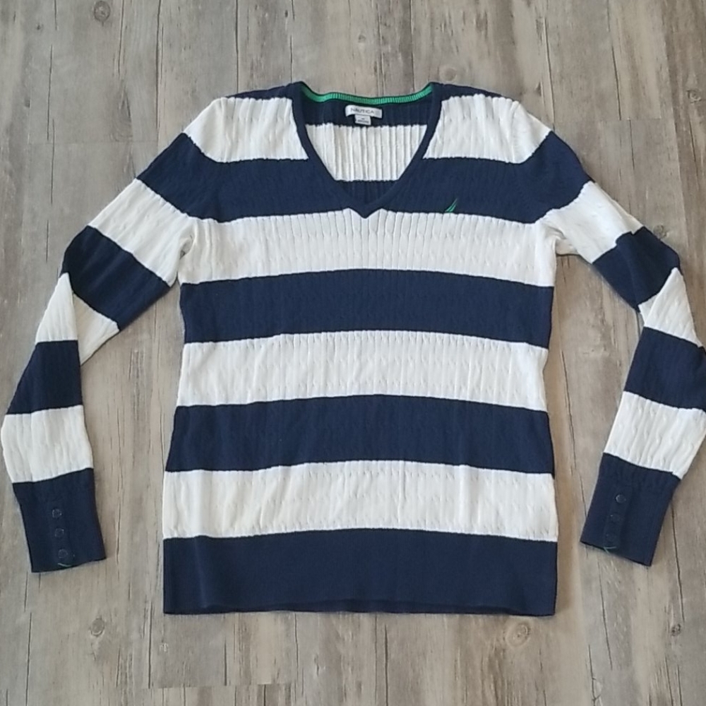 Nautica V-Neck Sweater Navy and White Size Medium